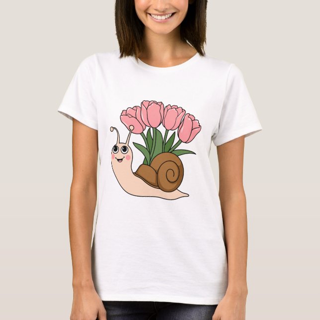Cute Snail with Tulips Floral Spring Garden Design T Shirt (Framsida)
