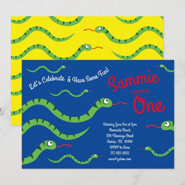 Cute Snake Reptiles Kid 1:a födelsedagen Party Inbjudningar (Fram/baksida)