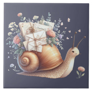 Cute Snigel Mail-Blommigten Pastel Illustration Kakelplatta