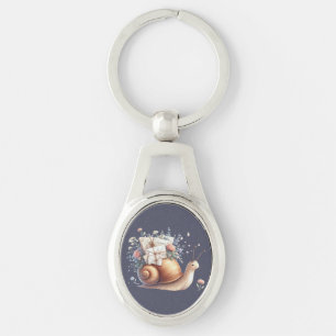 Cute Snigel Mail-Blommigten Pastel Illustration Ovalt Silverfärgad Nyckelring