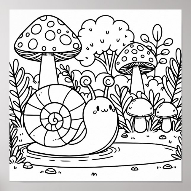Cute Snigel och svampar | Färg Me Poster (Framsidan)
