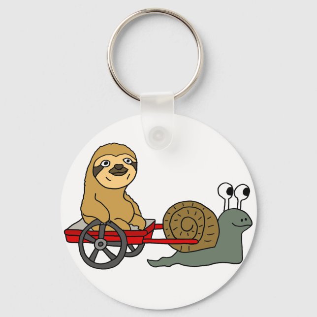 Cute Snigel Pulling Sloth i Red Wagon Nyckelring (Framsida)