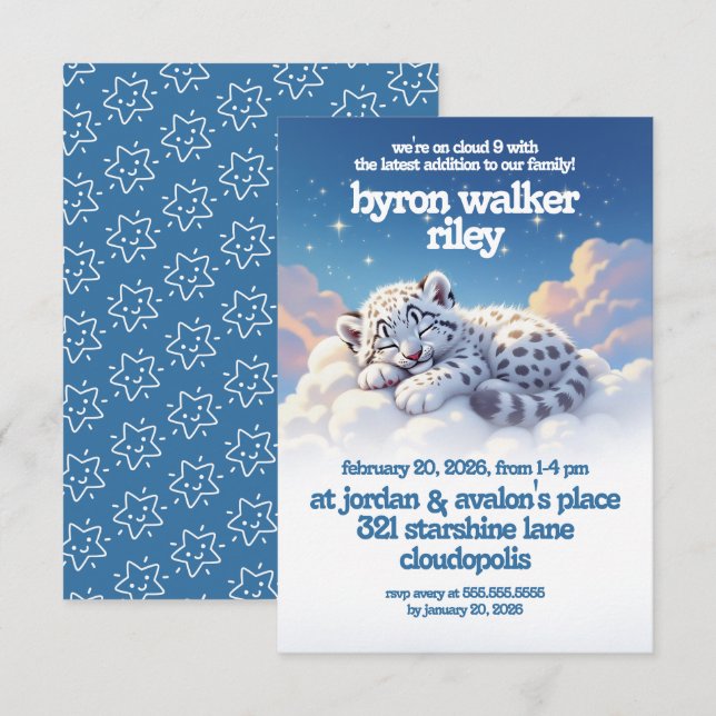 Cute Snö Leopard Asov på Clouds Baby Shower Inbjudningar (Fram/baksida)