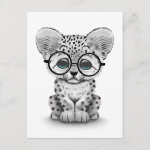 Cute Snö Leopard Unge Wearing Glass on White Vykort
