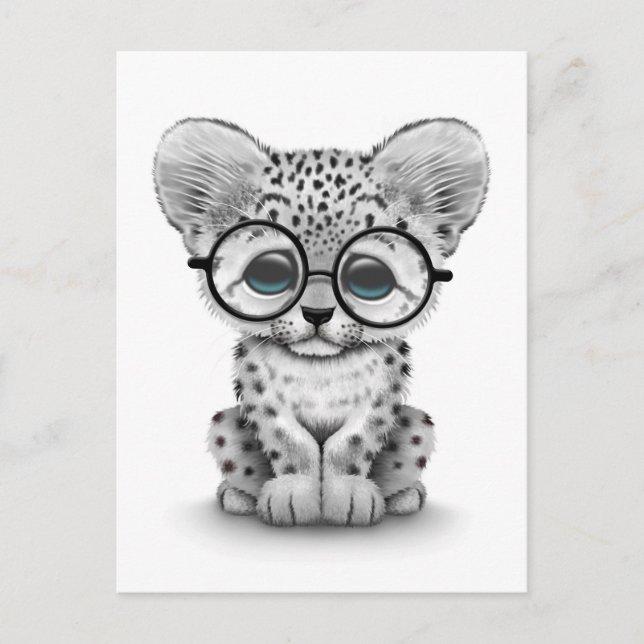 Cute Snö Leopard Unge Wearing Glass on White Vykort (Framsida)