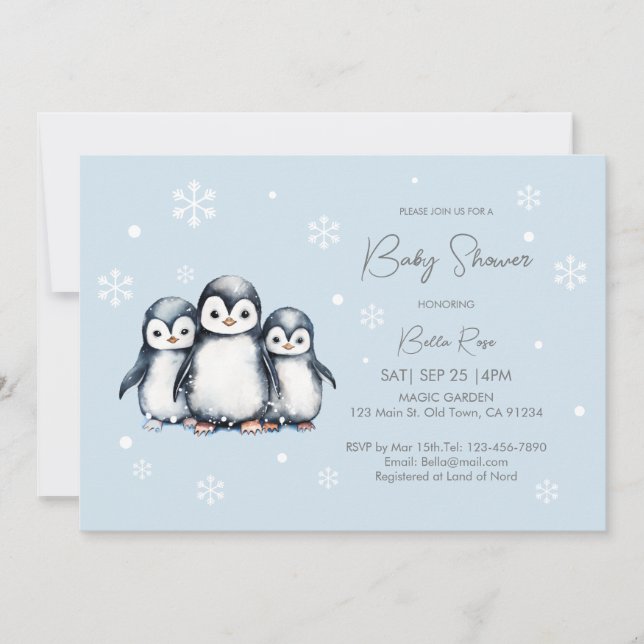 Cute Snöflingor Penguin Baby Shower Inbjudningar (Framsida)