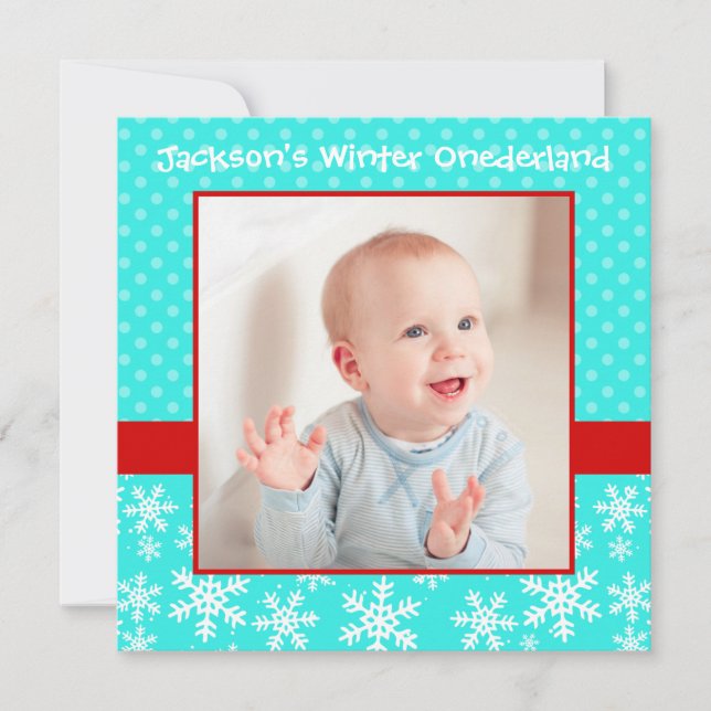 Cute Snöflingor Winter Onederland Photo Teal Red Inbjudningar (Framsida)