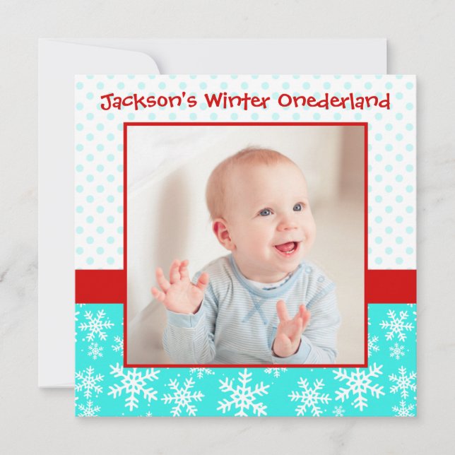 Cute Snöflingor Winter Onederland Photo Teal Red Inbjudningar (Framsida)