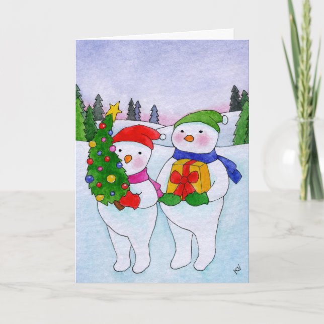 Cute Snögubbar Julgran Gift Helgkort (Framsida)