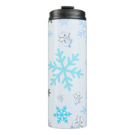 Cute-snögubbar och snöflingor i ljusblått