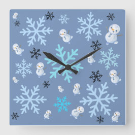 Cute snögubbar och snöflingor i tårblått fyrkantig klocka