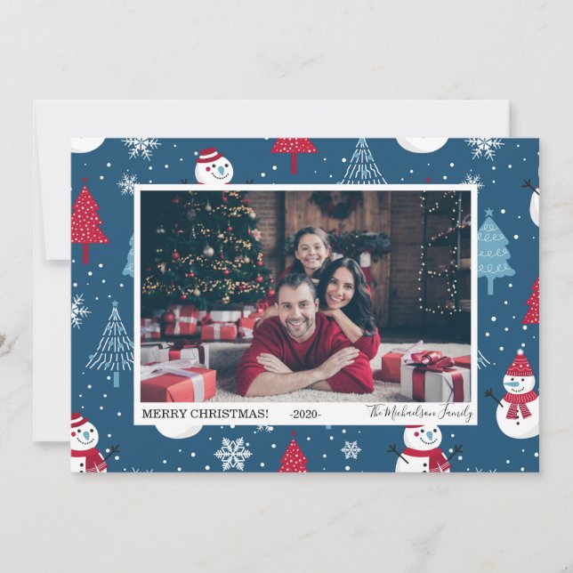 Cute Snögubbars and Julgranar Photo Julkort (Framsida)