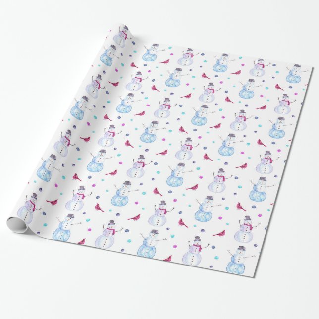 Cute Snögubbars and kardinal Birds Watercolor Möns Presentpapper (Utrullad)