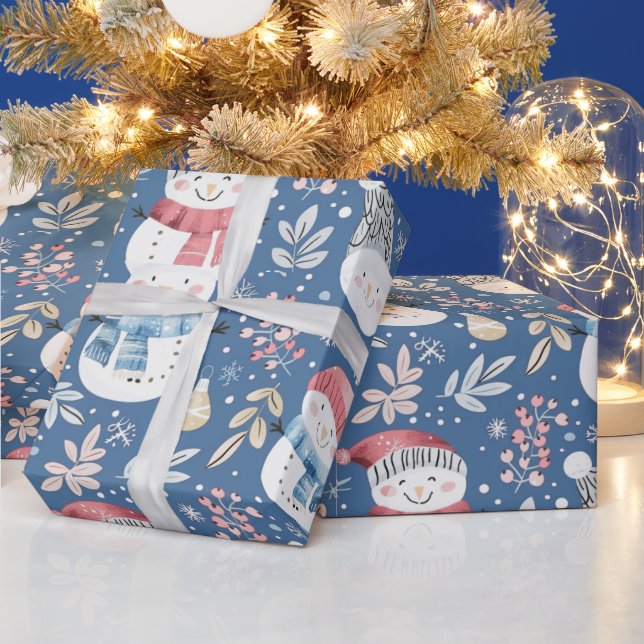Cute Snögubbars Greenery Snöflingor Blue jul Presentpapper (Helgdagar)