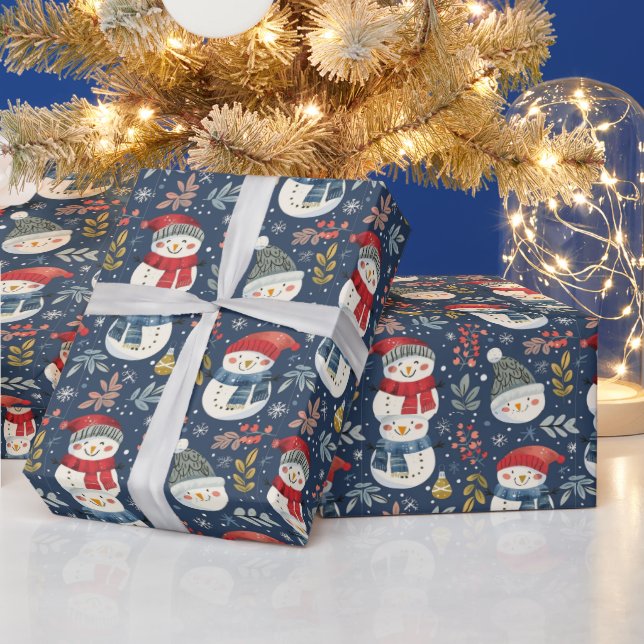 Cute Snögubbars Greenery Snöflingor Blue jul Presentpapper (Helgdagar)