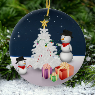 Cute Snögubbars med Julgran Julgransprydnad Keramik