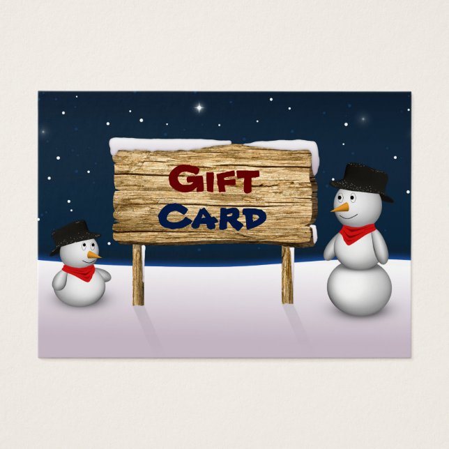Cute Snögubbars with Wooden Gift Card Sign Visitkort (Framsidan)