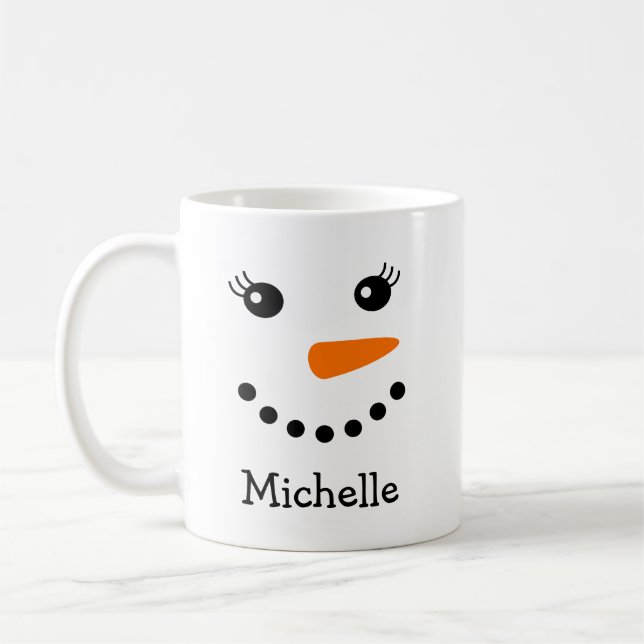 Cute Snögubbe Ansikte Personlig Namn Kaffemugg (Vänster)