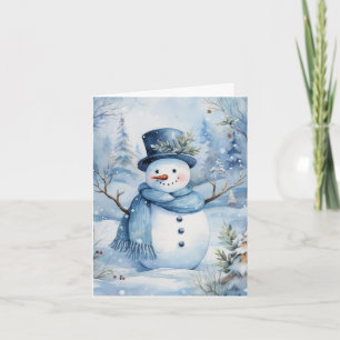 Cute Snögubbe Blue Hat och Scarf Flowers Blank Kort