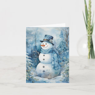 Cute Snögubbe Blue Hat & Scarf Flowers Träd Blank Kort