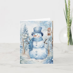 Cute Snögubbe Blue Hat Scarf Träd Birdhouse Blank Kort