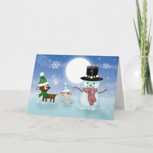 Cute Snögubbe Bunny och Reindeer julkort Helgkort (Framsida)