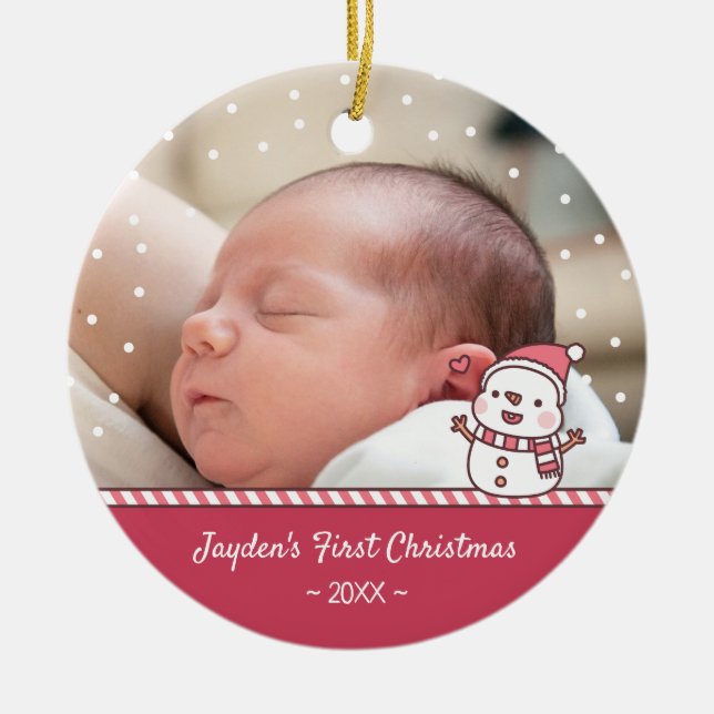 Cute Snögubbe Doodle Baby första julfoto Julgransprydnad Keramik (Framsidan)