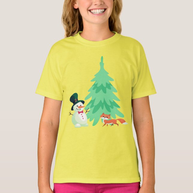 Cute Snögubbe, Fox Winter KIds Julgran T Shirt (Framsida)