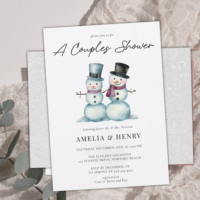 Cute, Snögubbe Funny Winter Möhippa Inbjudningar (funny couples shower wedding snowman winter cute humor watercolor elegant classy chic his hers coed)