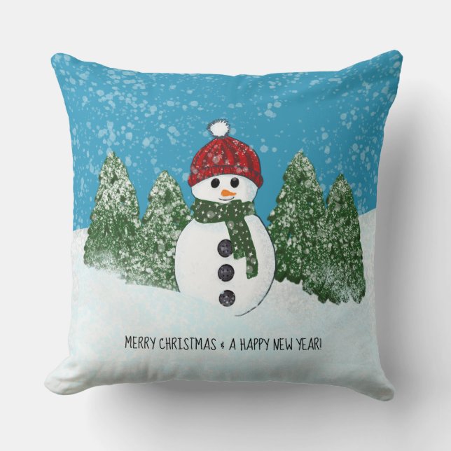Cute Snögubbe | God jul och Gott nytt år Kudde (Framsida)