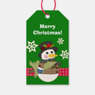 Cute Snögubbe Grönt och röd jul Presentetikett