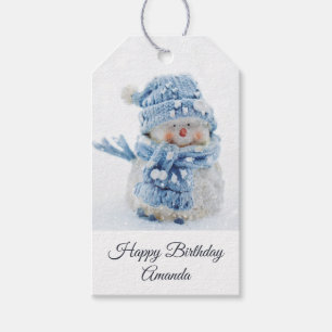 Cute Snögubbe i vinterfoto på födelsedagen Presentetikett