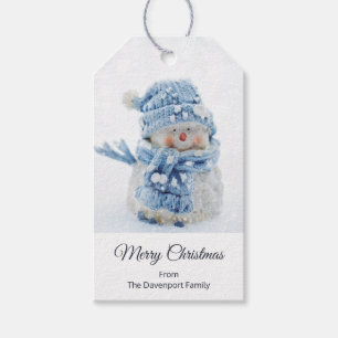 Cute Snögubbe i vinterfotografijul Presentetikett