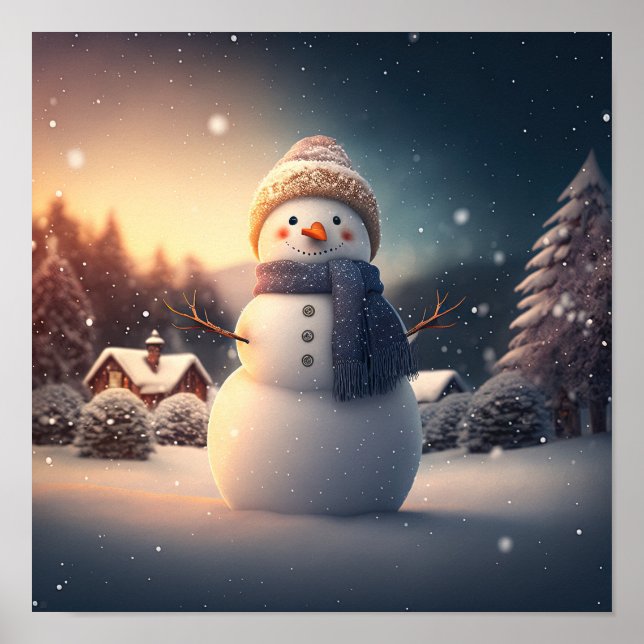 Cute snögubbe i vinterskogen. poster (Framsidan)
