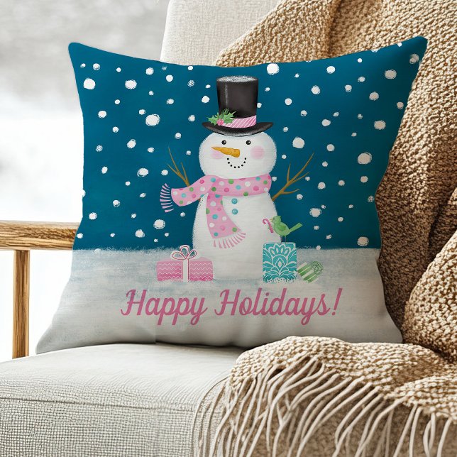 Cute Snögubbe jul Dekorativ kudde (A cute snowman pillow with a pink scarf. Personalize it with your holiday greeting.)