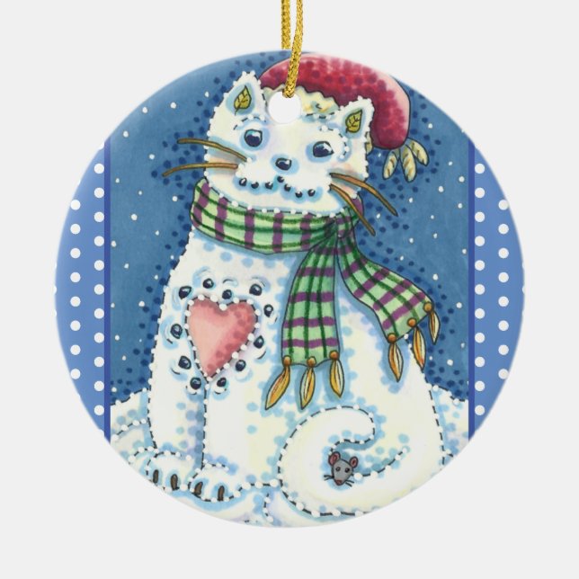 CUTE SNÖGUBBE KITTEN, SNÖFLINGOR CAT OCH MUS JULGRANSPRYDNAD KERAMIK (Framsidan)