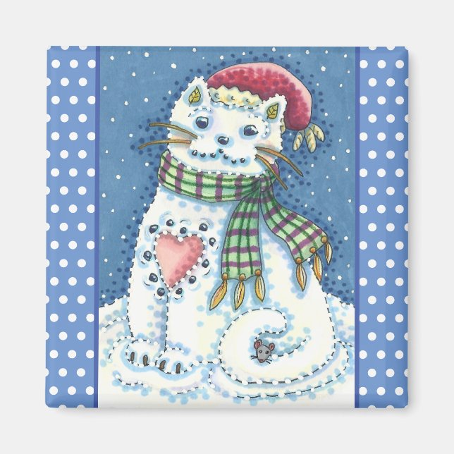 CUTE SNÖGUBBE KITTEN, SNÖFLINGOR CAT OCH MUS MAGNET (Framsidan)