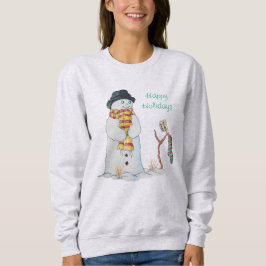 Cute snögubbe ler i snö vid julklappar tröja