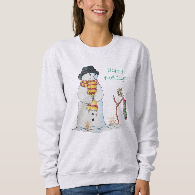 Cute snögubbe ler i snö vid julklappar tröja (Framsida)