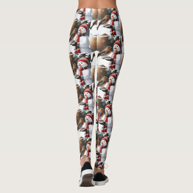 Cute Snögubbe matar en Robin-juldesign Leggings (Baksida)