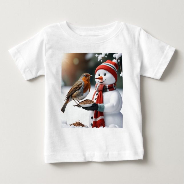 Cute Snögubbe matar en Robin-juldesign T Shirt (Framsida)