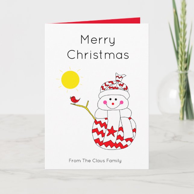 Cute snögubbe med fågeljulkonst helgkort (Framsida)