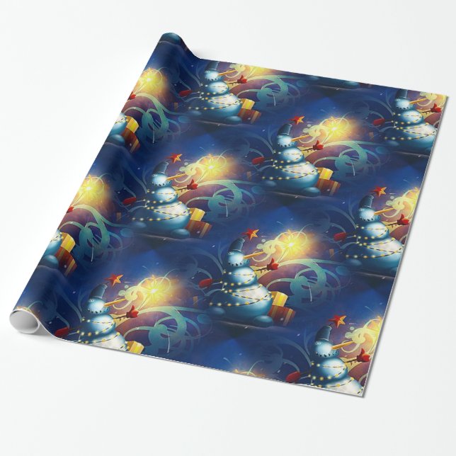 Cute Snögubbe med gåvor och Fireworks Presentpapper (Utrullad)