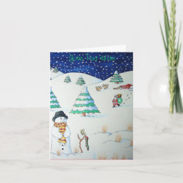 Cute snögubbe med julklapp i snö helgkort