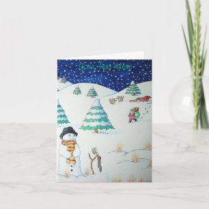 Cute snögubbe med julklapp i snö helgkort