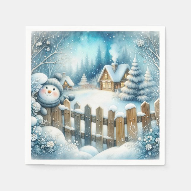 Cute Snögubbe med julstuga Pappersservett (Framsidan)