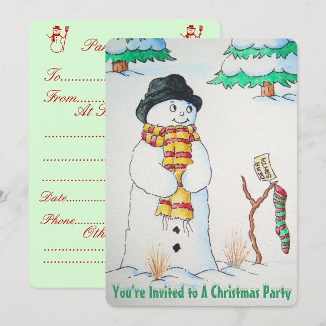 Cute snögubbe med lagring i snö vid julklappar inbjudningar (Fram/baksida)