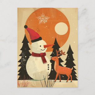Cute Snögubbe med Reindeer Retro Mid Century Julaf Vykort