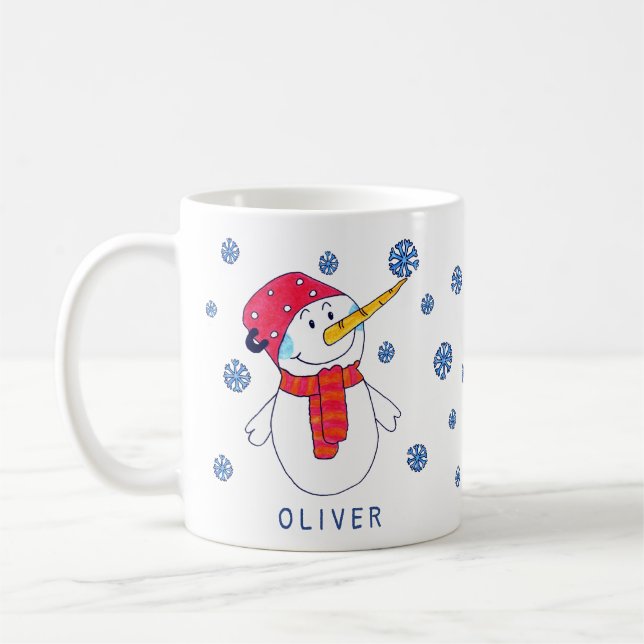 Cute Snögubbe med Teckning Kids med snöflingor Kaffemugg (Vänster)