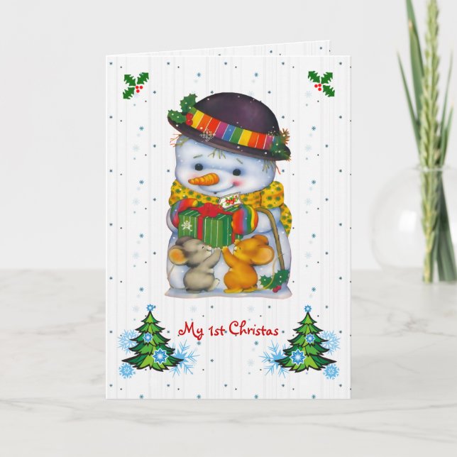Cute snögubbe med två små möss helgkort (Framsida)